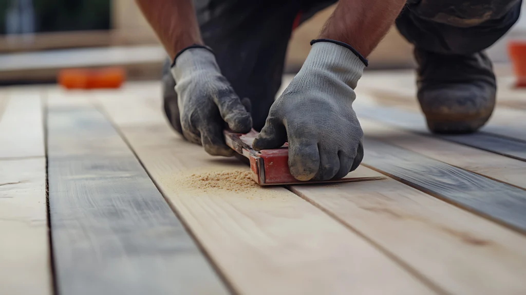 Contractor sanding wood deck during restoration process on a North Carolina home
