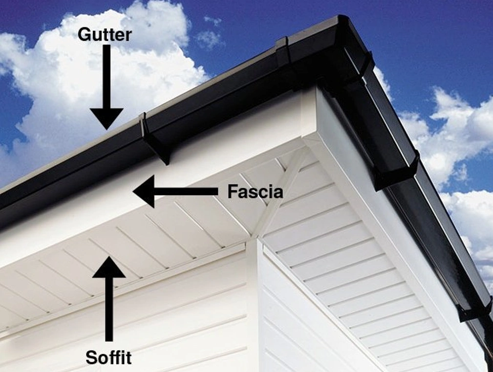 Diagram showing fascia and soffit locations on a residential roofline