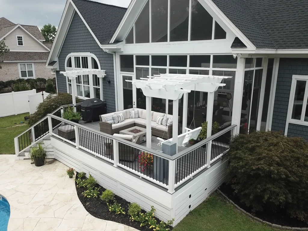 A modern Raleigh home showcases expansive Carolina windows that frame a white-railed Trex deck with a white pergola, creating an inviting space for outdoor sectional seating, grilling, and relaxing by planters. Steps lead to a beautifully landscaped yard featuring durable siding, a pool, stone patio, and lush greenery. The large windows overlook the deck for stunning backyard views. Built efficiently with quality materials—including Carolina siding and energy-efficient windows—this residence exemplifies lasting style and function for Raleigh and Apex homeowners seeking superior exterior solutions.