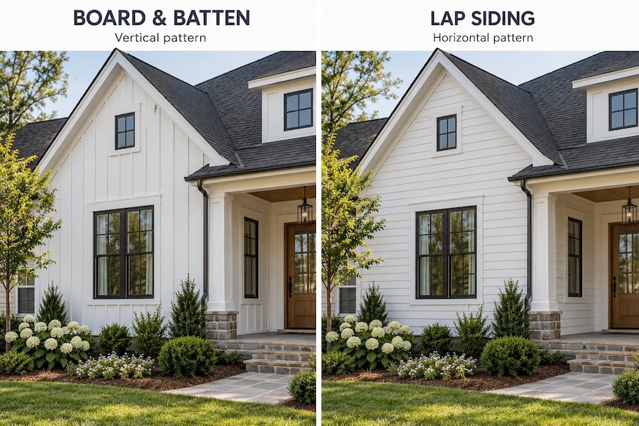 A side-by-side comparison by Carolina Siding of a white house with dark trim, showing board and batten vs. lap siding for homes in Raleigh and Apex, NC: the left image features vertical siding, while the right displays a horizontal pattern.