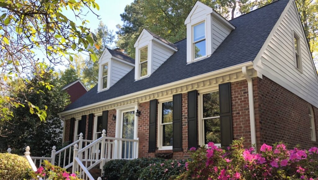 A red brick house with white Hardie siding on the upper level, a dark shingled roof, and three gabled dormers in Raleigh and Apex, NC. The exterior displays how to mix brick and Hardie siding with white trim, dark shutters, and a front railing, all surrounded by lush green trees and pink azaleas.